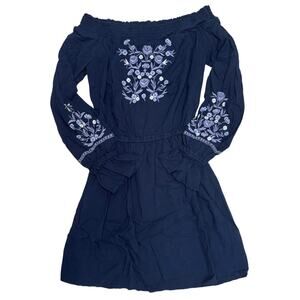 Hollister Navy Embroidered Dress 💙 Floral Stitching • Peasant Style • Size S